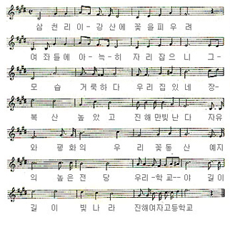 (1절)삼천리 이- 강산에 꽃을 피우려 여좌들에 아- 늑- 히 자리 잡으니
      그- 모습 거룩하다 우리집 있네 장- 복산 높았고 진해만 빛난다
      자유와 평화의 우리 꽃동산 예지의 높은 전당 우리- 학교-야
      길이길이 빛나리 진해 여자 고등학교